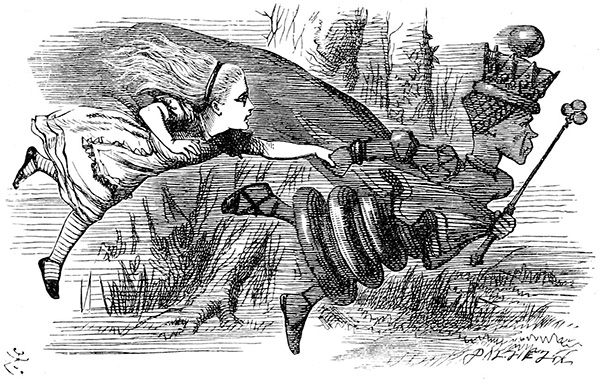 Бег Черной королевы. Иллюстрация Джона Тенниела (Sir John Tenniel) из первого издания «Алисы в Зазеркалье». 
